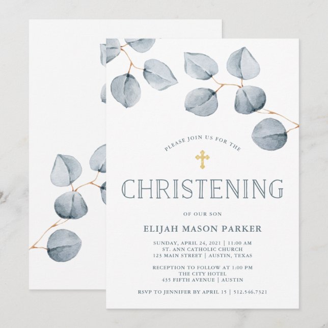 Invitation Simplicité de l'eucalyptus | Christing avec croix (Devant / Derrière)