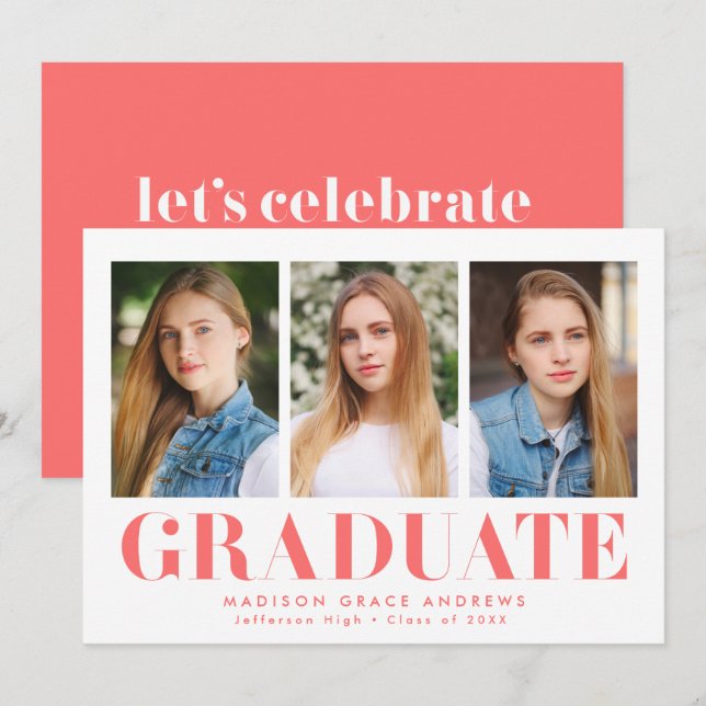 Invitation Simply Bold Coral 3 Photo Graduation Party (Devant / Derrière)