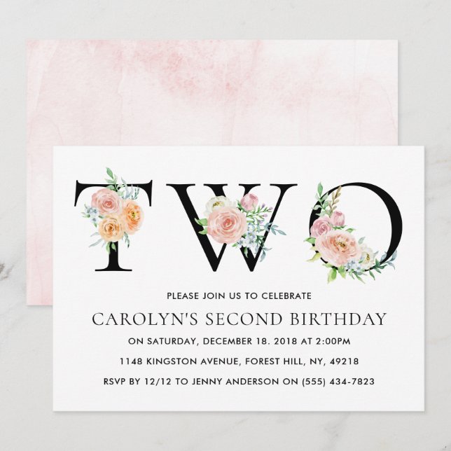 Invitation Simply Elegant Floral DEUX 2e fête d'anniversaire (Devant / Derrière)