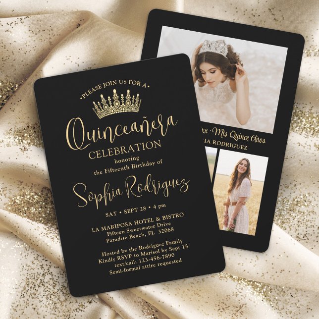 Invitation Simply Elegant Quinceañera 3 Photo Noir et Or (Créateur téléchargé)
