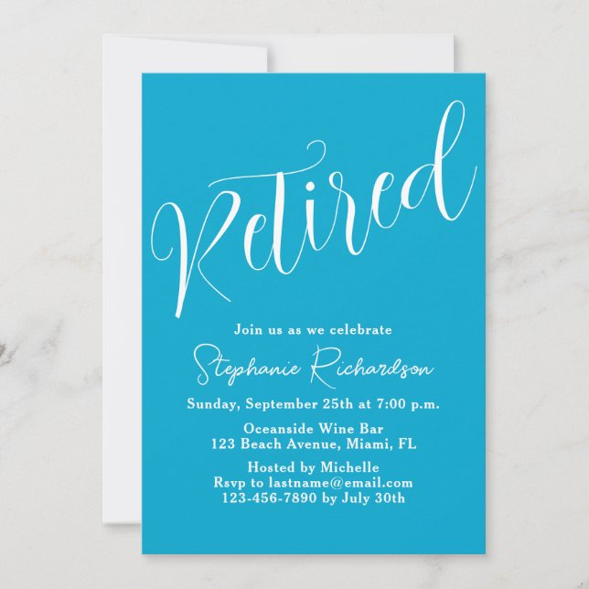 Invitation Simply Modern Script Bleu Aqua Retraite (Devant)