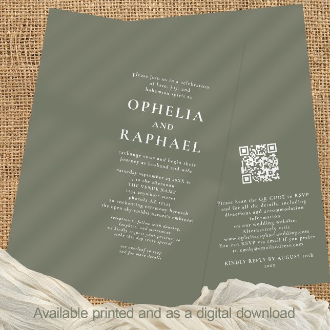Invitation Simply Text Sage Green QR Code Mariage bohème (Front and back view)