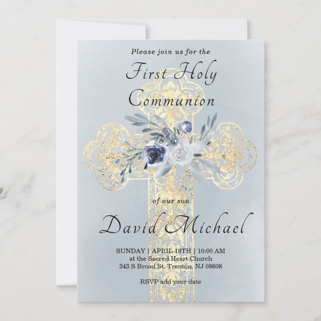 Invitation simulated gold foil Holy Cross First Communion (Devant)