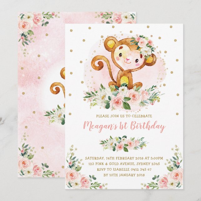 Invitation Singe 1er Anniversaire Blush Rose Floral Wild One (Devant / Derrière)