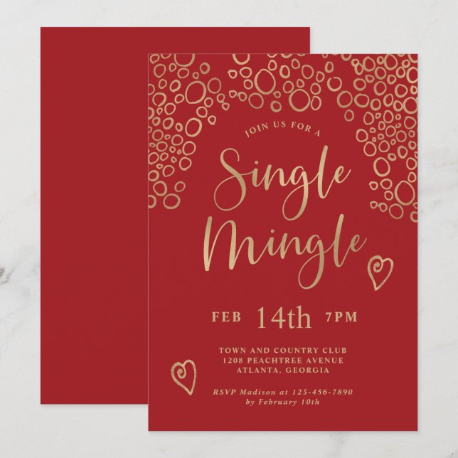 Invitation Single Mingle Valentine Party Rouge et or (Devant / Derrière)