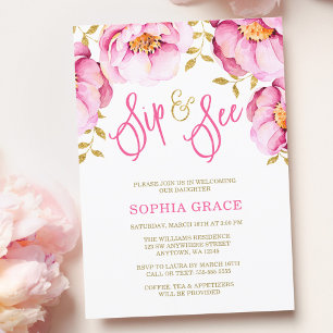 Invitation Sip and See à l'aquarelle florale or ro