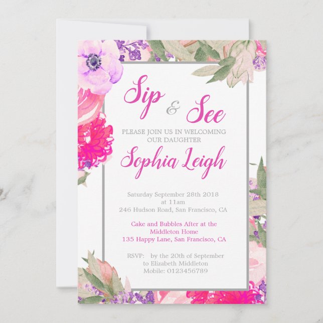 Invitation Sip and See Baby Floral Rose rose (Devant)