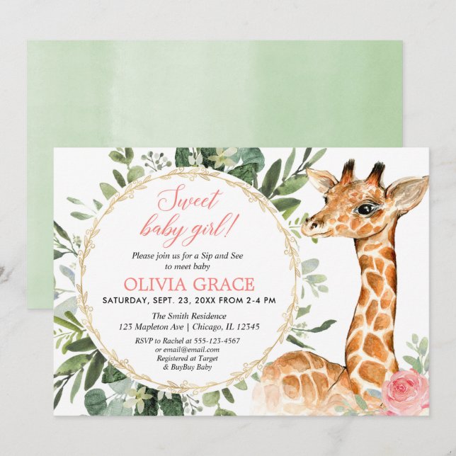 Invitation Sip and See Baby girl, girafe baby shower (Devant / Derrière)