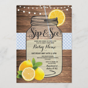 Invitation Sip and See Baby shower Wood Rustic Blue Invitatio