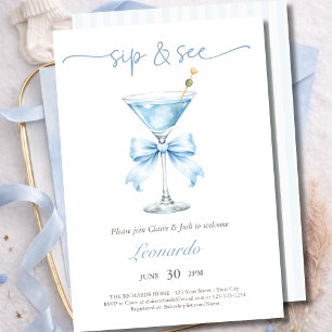 Invitation Sip and See Coquette Bleu Ruban Bébé Garçon