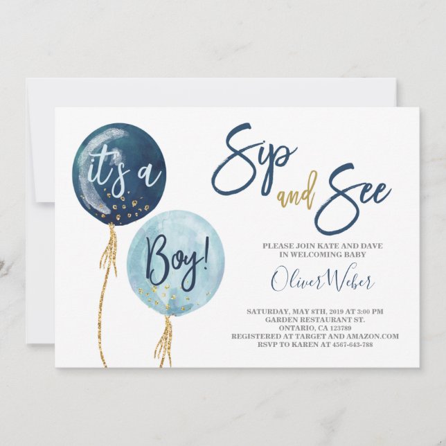 Invitation Sip and See marine bleu ballons baby shower garçon (Devant)