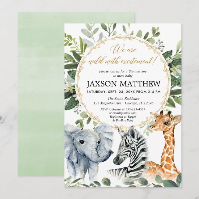 Invitation Sip and See safari baby shower, rencontre bienvenu (Devant / Derrière)
