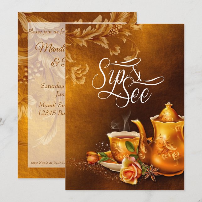 Invitation Sip et voir Baby shower Nostalgale Gold Tea Party (Devant / Derrière)