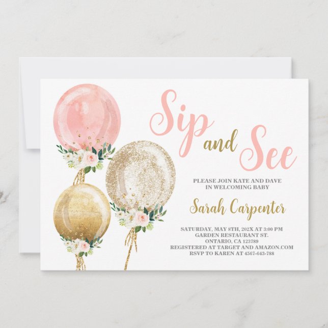 Invitation Sip et voir ballons roses fille baby shower (Devant)