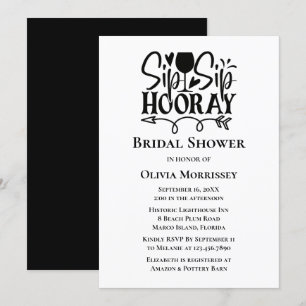 Invitation Sip Hooray - Fête de l'mariée de typographie blanc