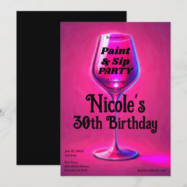Invitation Sip & Paint Vin Rose Verre Adulte Anniversaire (Devant / Derrière)