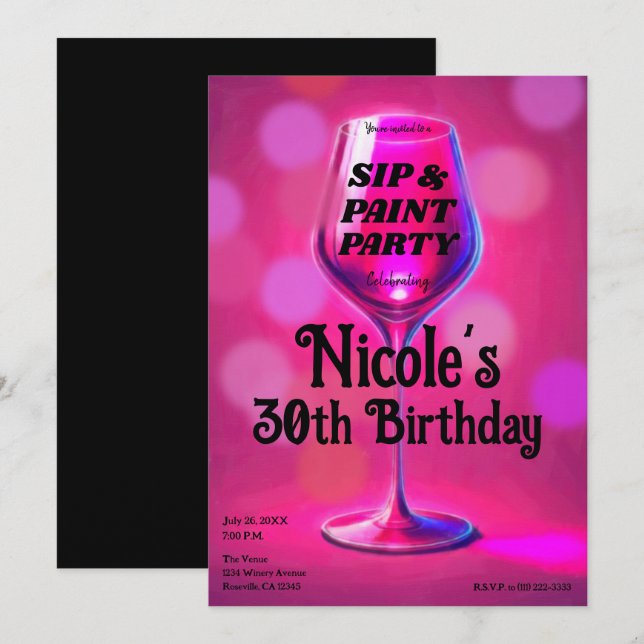 Invitation Sip & Paint Vin Rose Verre Adulte Anniversaire (Devant / Derrière)