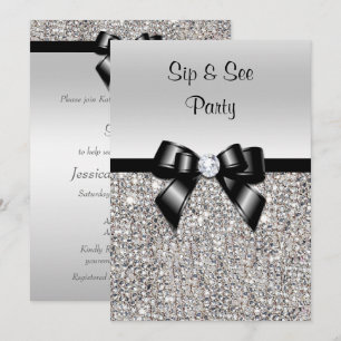 Invitation Sip & See Party Silver Sequits Black Bow
