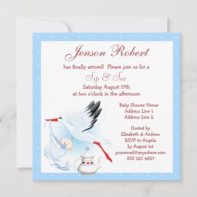 Invitation Sip & See Stork Livrant Baby Blue Baby shower (Devant)