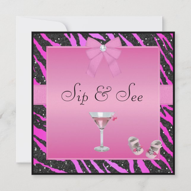 Invitation Sip & See Zebra Print Pink & Black Baby shower (Devant)