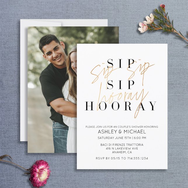 Invitation Sip Sip Hooray Black Gold Photo Couple's Shower (Créateur téléchargé)