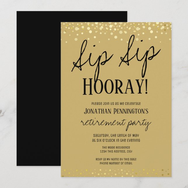 Invitation Sip Sip Hooray Elegant Gold Retraite Party Invit (Devant / Derrière)