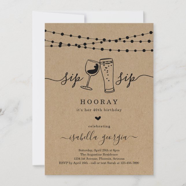 Invitation Sip Sip Hooray fête d'anniversaire (Devant)