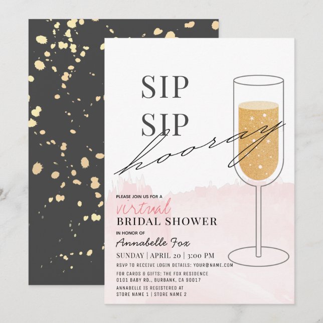 Invitation Sip Sip Hooray Fête des mariées virtuelle rose (Devant / Derrière)