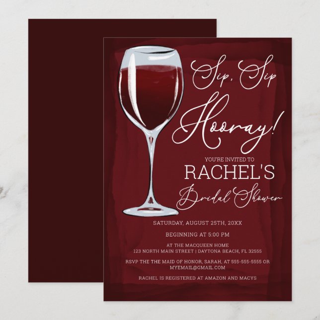 Invitation Sip Sip Hooray Red Wine Fête des mariées (Devant / Derrière)