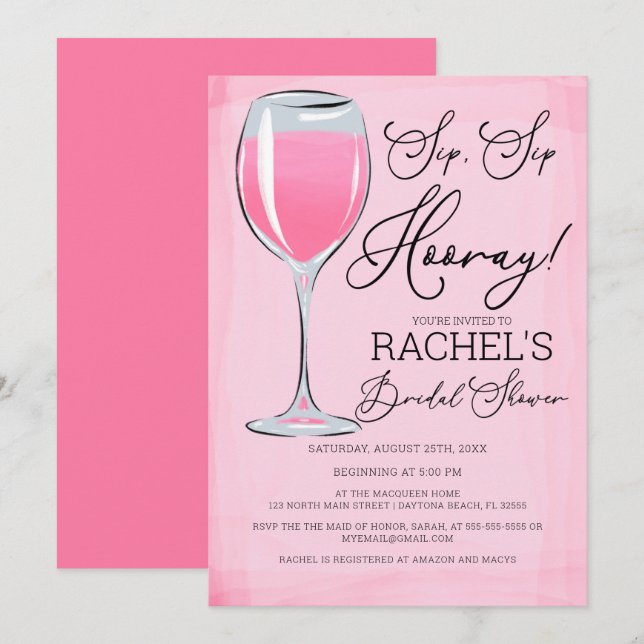 Invitation Sip Sip Hooray Vin rose Fête des mariées (Devant / Derrière)