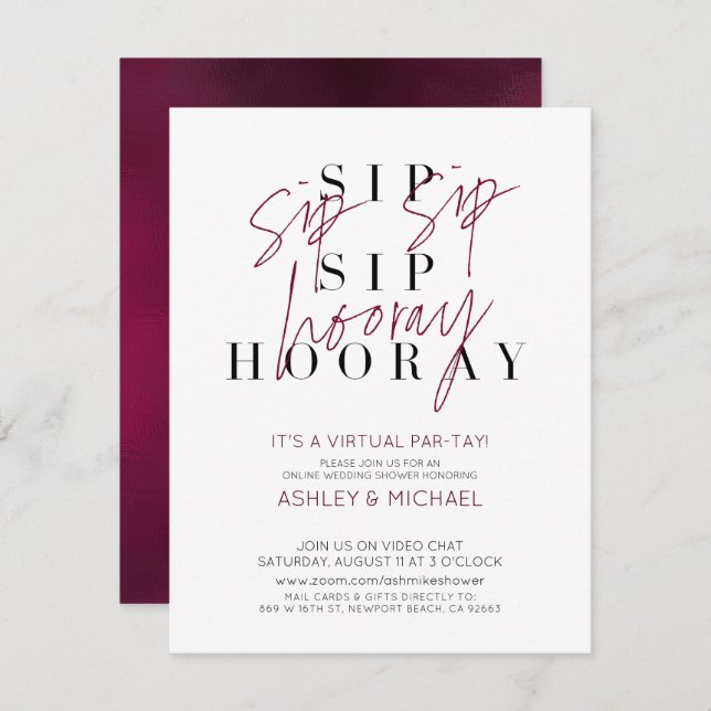 Invitation Sip Sip Hooray Virtual Wine Wedding shower Party (Devant / Derrière)