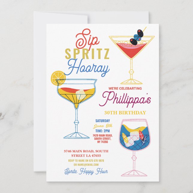 Invitation Sip Spritz Hooray Party Cocktails Boissons Anniver (Devant)