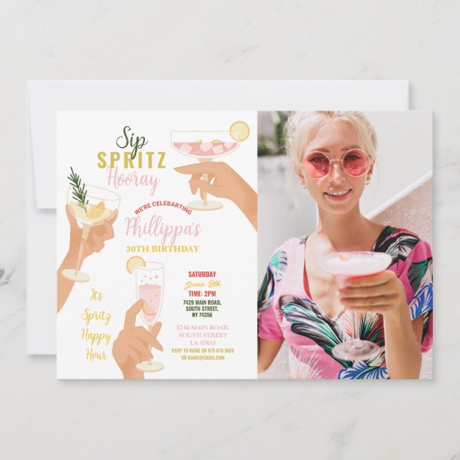 Invitation Sip Spritz Hooray Photo Cocktails Boissons Anniver (Devant)