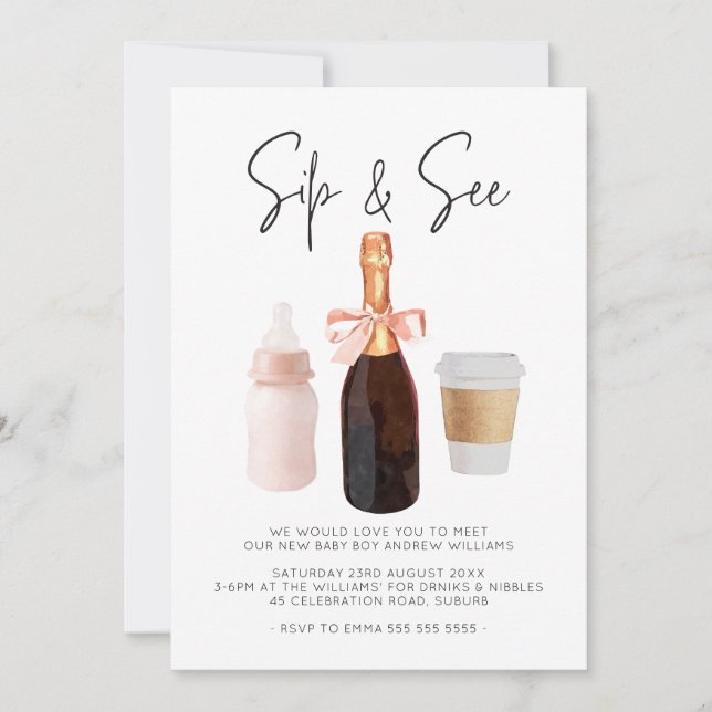 Invitation Sip & Voir Aquarelle Champagne Café Rose (Devant)
