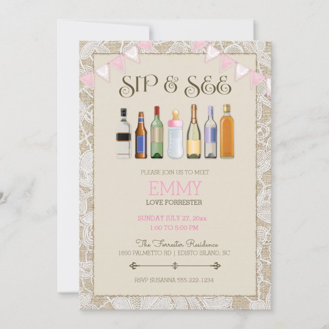 Invitation Sip & Voir Bouteilles en dentelle Burlap Pink Girl (Devant)