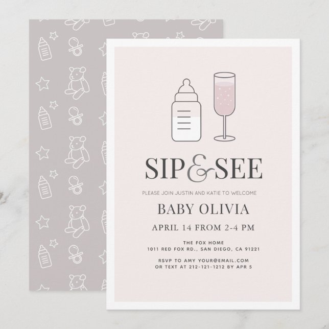Invitation Sip & Voir Champagne Bouteille Baby shower rose (Devant / Derrière)
