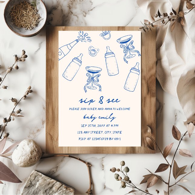 Invitation Sip & Voir la main Illustré Blue Baby Boy (sip & see funky boy baby meet and greet hand illustrated blue inviation)