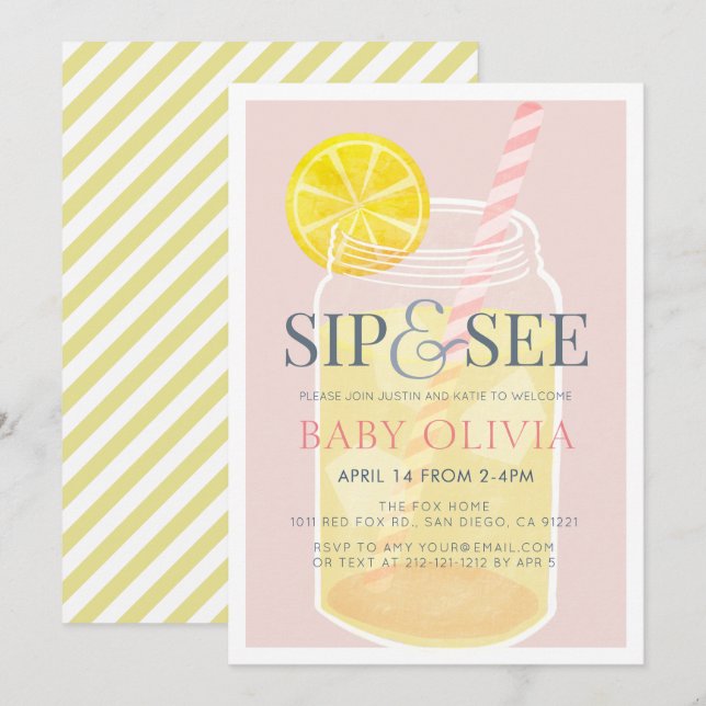 Invitation Sip & Voir Lemonade Mason Jar Baby shower rose (Devant / Derrière)