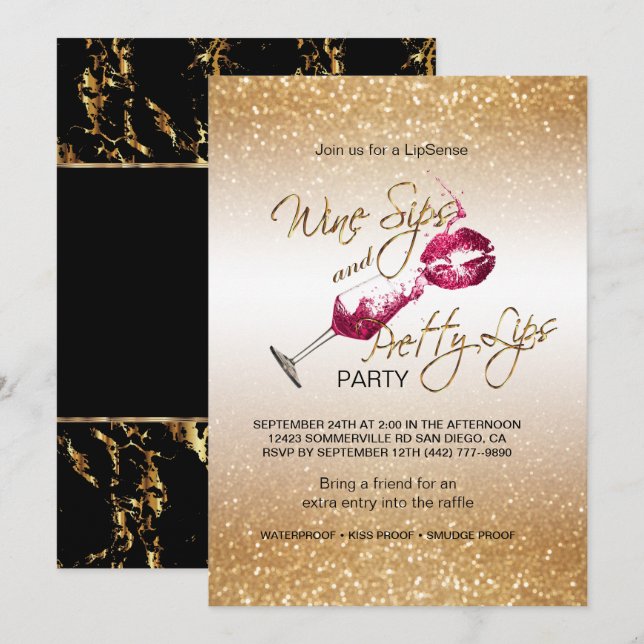 Invitation Sips de vin et jolie fête des lèvres (Devant / Derrière)