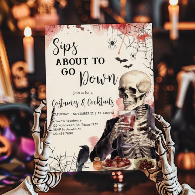 Invitation Sips sur le point de descendre Cocktail Halloween  (Sips About to Go Down Costumesa and Cocktails Halloween Party Invitation)
