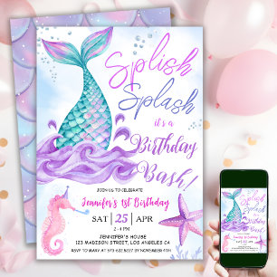 Invitation Siren 1er anniversaire "Splish Splash" Rose Violet