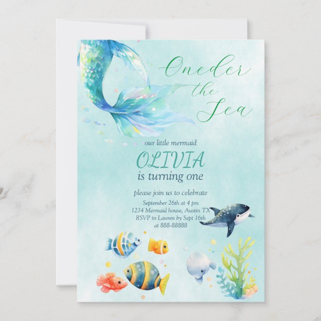 Invitation Sirène 1er Anniversaire Aquarelle Notre Petite Sir (Devant)