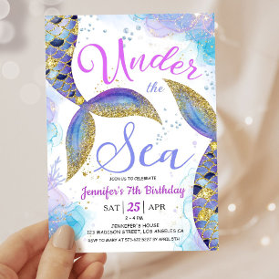 Invitation Sirène 7e anniversaire fille rose sous la mer