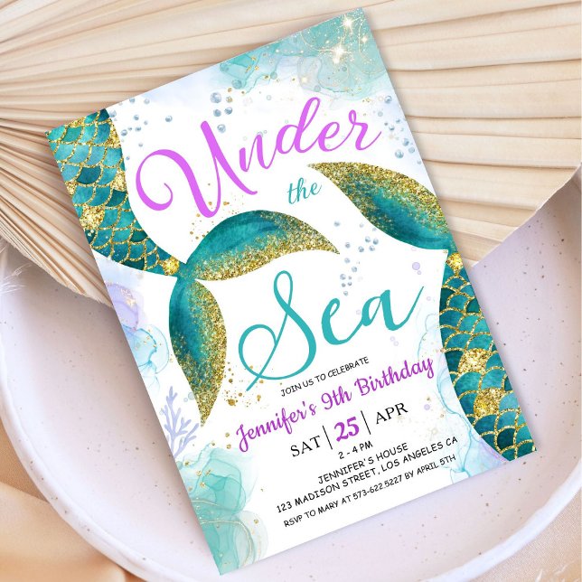 Invitation Sirène 9e anniversaire violet Turquoise sous la me (Créateur téléchargé)