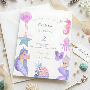 Invitation Sirène à l'aquarelle magique 2e anniversaire