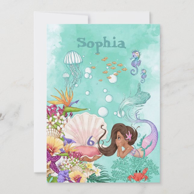 Invitation Sirène Âge Cheveux foncé Sous La Mer Anniversaire (Dos)