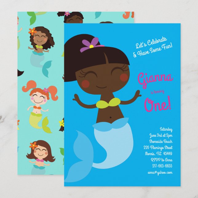 Invitation Sirène Anniversaire de enfant Peau foncée Noir Asi (Devant / Derrière)