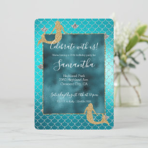 Invitation Sirène Aqua Bleu Sarcelle Or Argent Paillettes