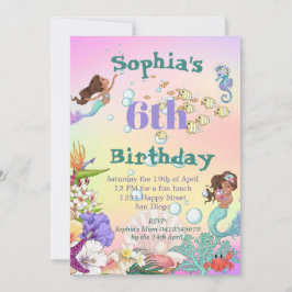 Invitation Sirène Arc-en-ciel cheveux foncés sous la mer Anni