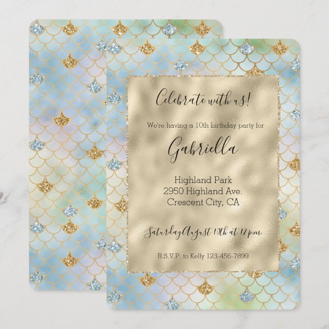 Invitation Sirène de Parties scintillant d'or Aqua Blue Mint (Devant / Derrière)